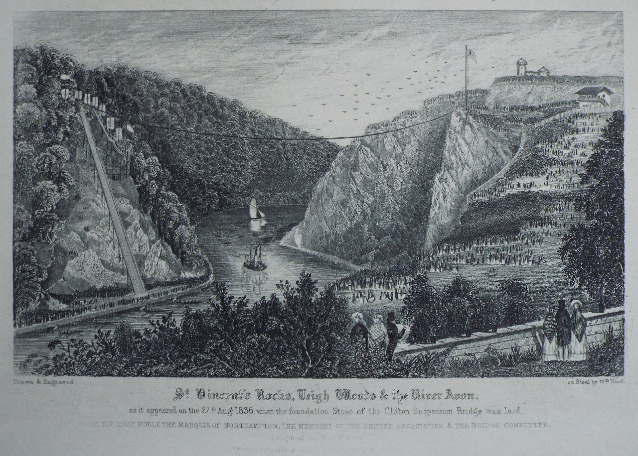 Print - St. Vincent's Rocks, Leigh Woods & the River Avon, as it appeared on the 27th Augt. 1836 when the foundation Stone of the Clifton Suspension Bridge was laid. - Hunt
